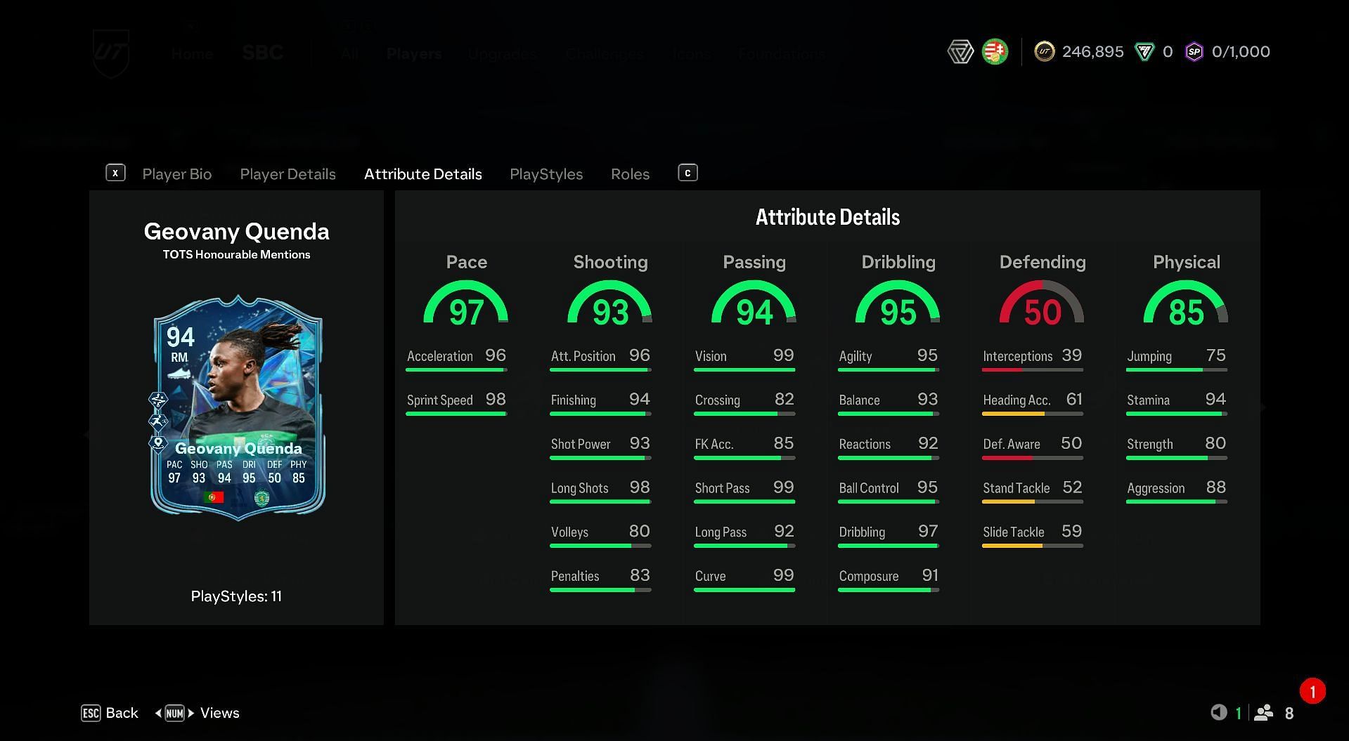 Geovany Quenda TOTS SBC attributes (Image via EA Sports)